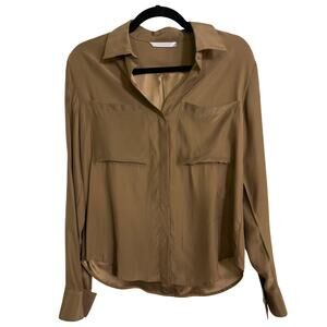 Elaine Kim 100% Silk Blouse Brown Button Front Long Sleeve Women Medium